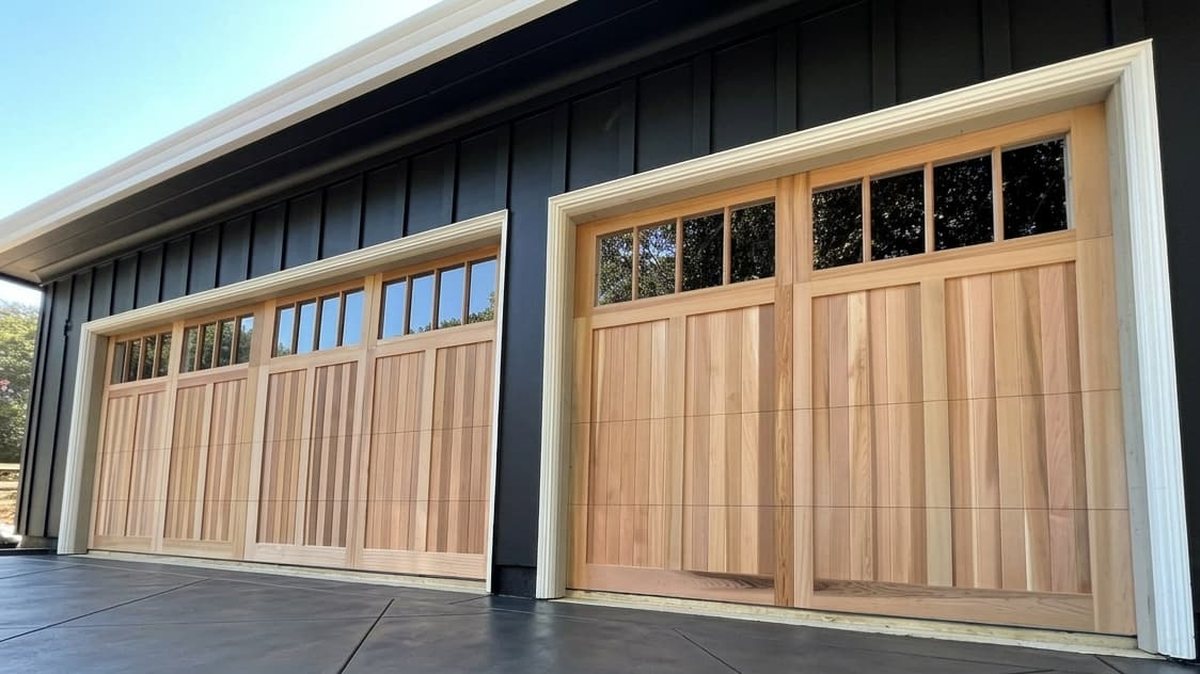 Two custom cedar garage doors installed by San Diego Garage Doors on a San Diego County home
