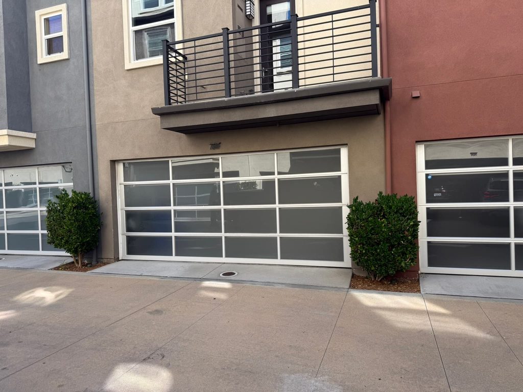 Wood modern horizontal-slat garage door with side windows, Mission Valley